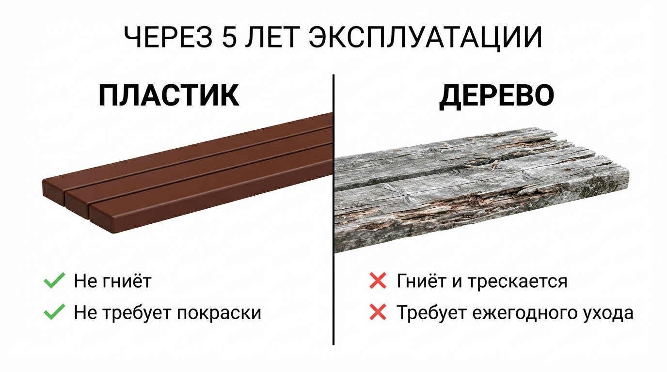 Сравнение пластиковой и деревянной доски для скамейки: пластик не гниёт, не трескается, не требует покраски